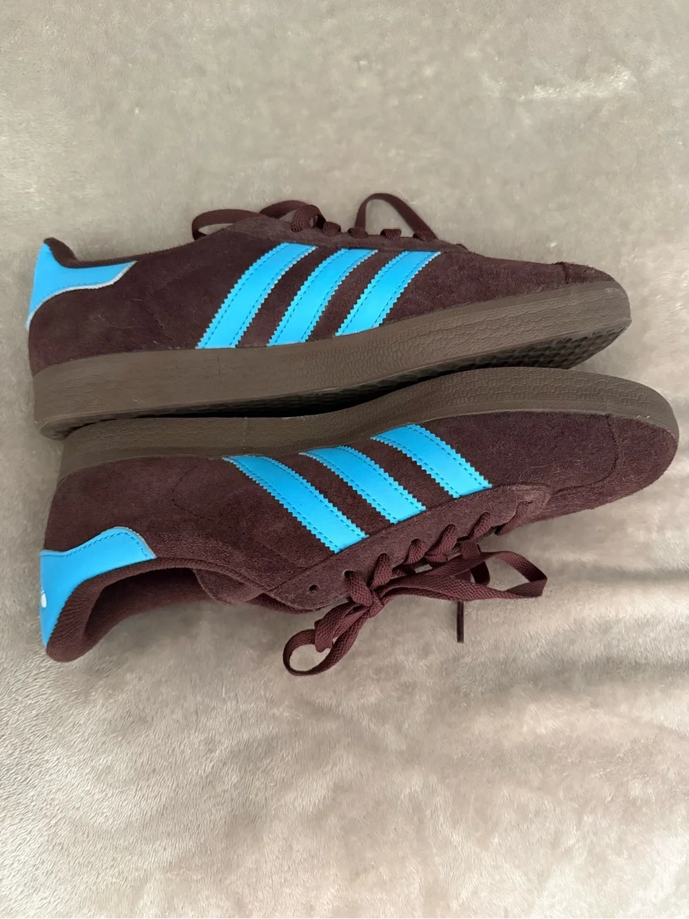 adidas Gazelles Brown Suede Sneakers with Bright Blue Stripes